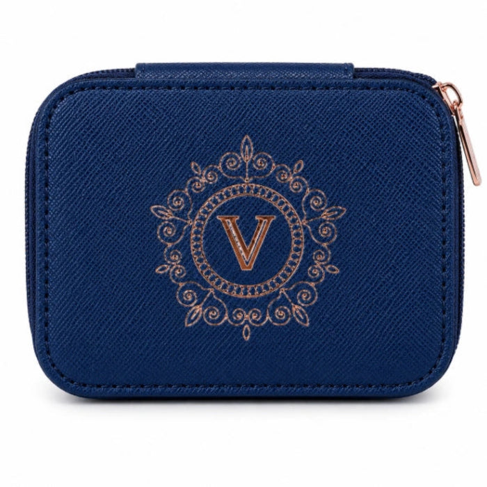 Personalised jewellery box featuring an elegant "V" initial monogram on a premium textured finish with a secure zip closure for storing rings, earrings, bracelets, necklaces, and other jewellery safely.