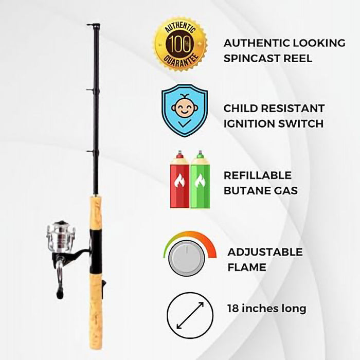 Fishing rod lighter with features listed on a white/ grey  background