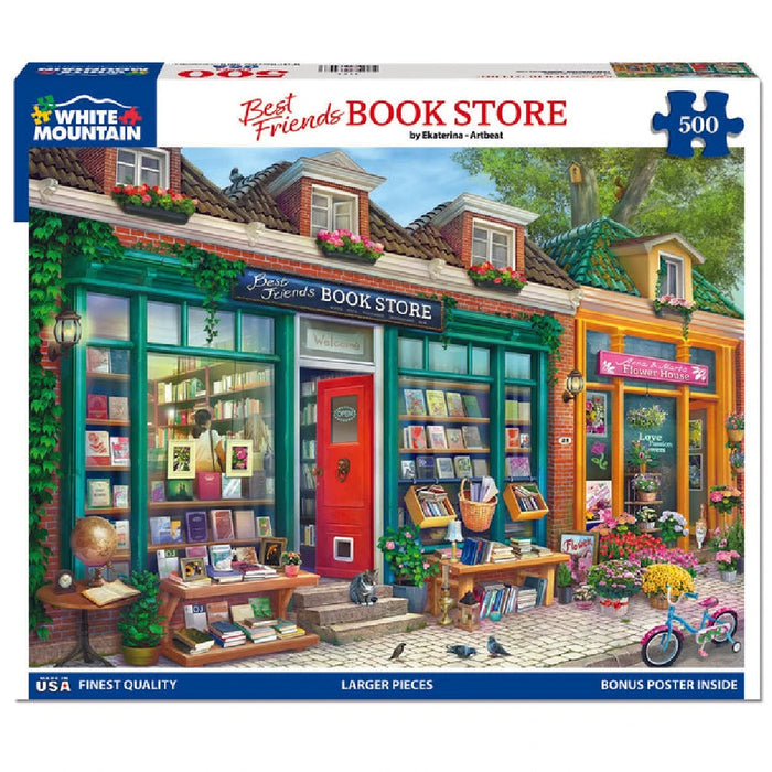 A decorative puzzle box showcasing a vibrant bookstore scene filled with books and reading nooks.