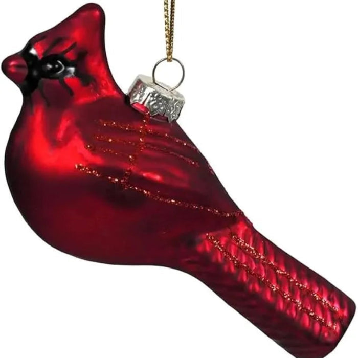 A glossy red cardinal Christmas ornament with textured glitter details, a silver cap, and a gold hanging chain on a white background.