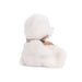 A fluffy white teddy bear featuring a brown bow, resting peacefully, inviting hugs and affection.