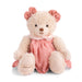 A teddy bear dressed in a pink dress sits against a plain white background.