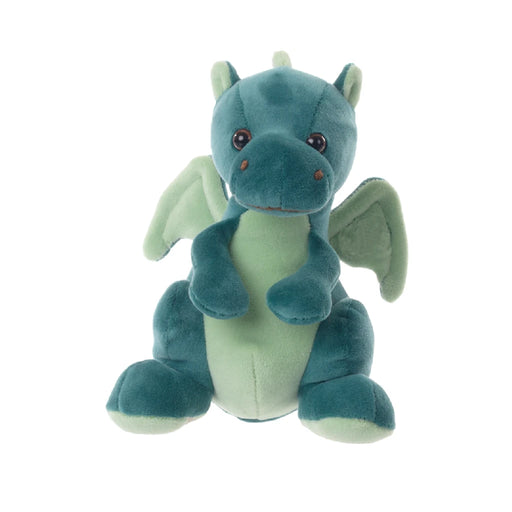 A stuffed dragon toy featuring green wings and bright blue eyes, showcasing a whimsical and playful design.