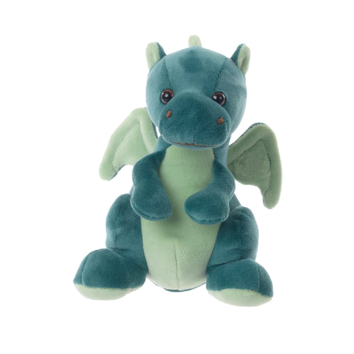 A stuffed dragon toy featuring green wings and bright blue eyes, showcasing a whimsical and playful design.