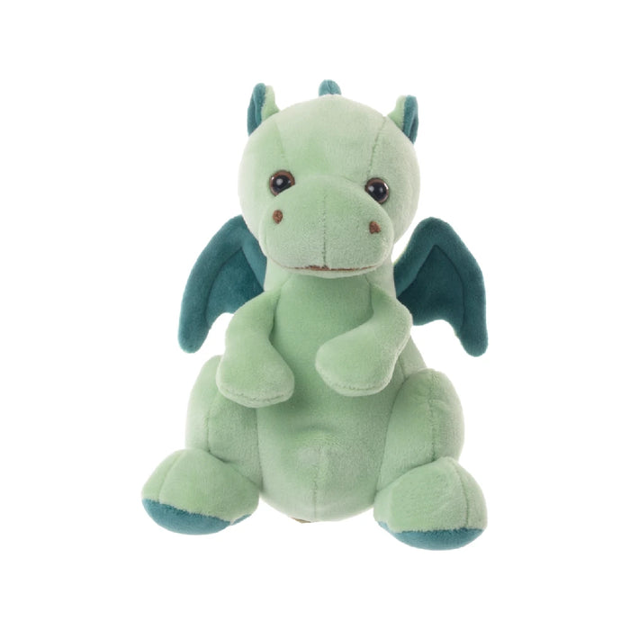 A plush dragon toy sitting against a plain white background, showcasing its vibrant colors and friendly expression.