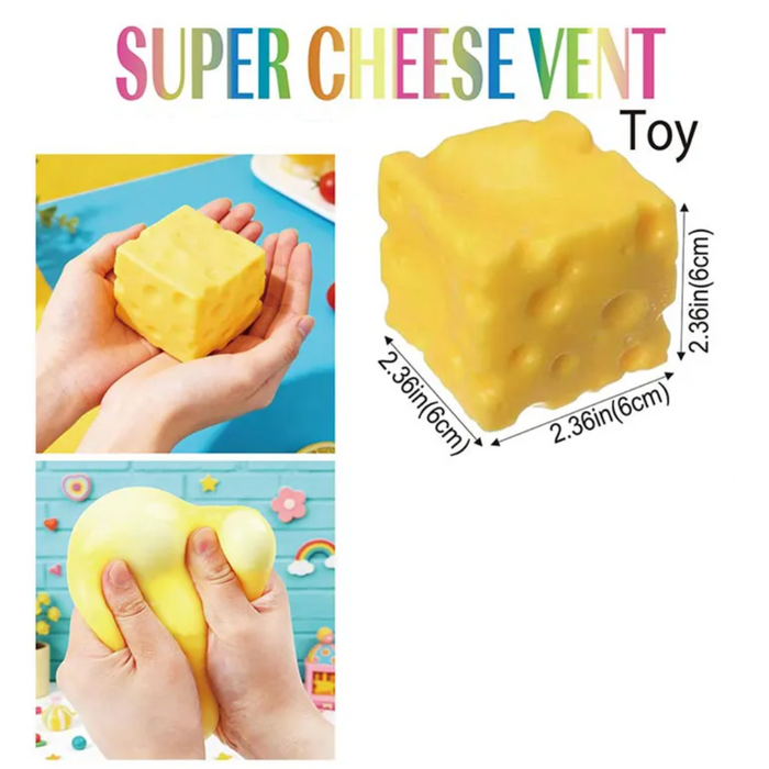 Advertisement for Super Cheese Vent Toys with images of hands holding a toy, packaging, and product details.