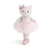  A stuffed cat wearing a pink tutu skirt, sitting upright with a playful expression.