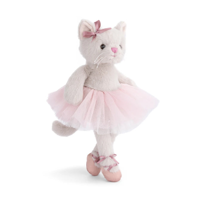 A plush cat dressed in a colorful tutu skirt, showcasing a whimsical and cheerful appearance.