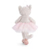 A soft toy cat adorned with a frilly tutu skirt, exuding a charming and playful vibe.