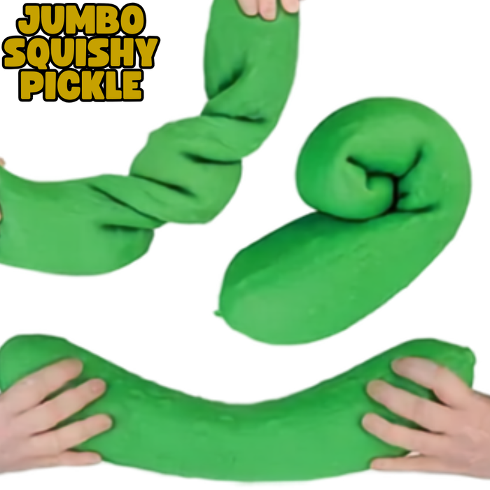 Green squishy pickle toy with hands stretching it on a white background
