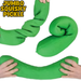 Green squishy pickle toy with hands stretching it on a white background