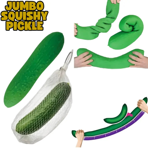 Green jumbo squishy pickle toy with hands interacting with it on a white background