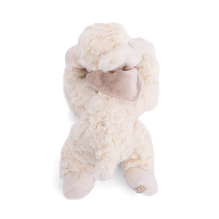A stuffed animal characterized by its white face and brown eyes, perfect for hugging and play.