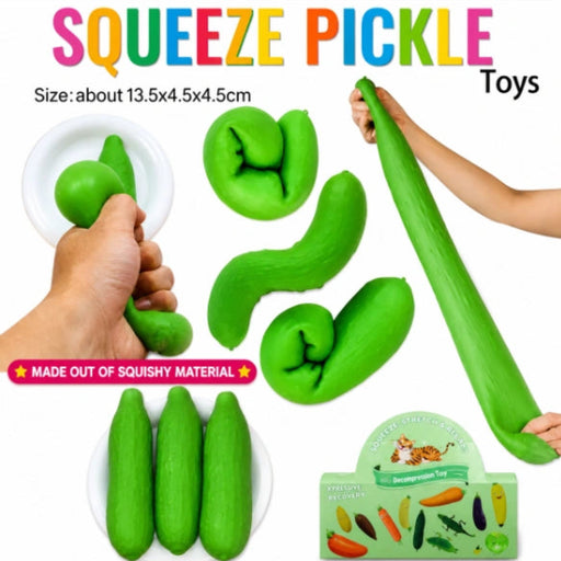 Puka Creations delivers the most delightfully ridiculous stress toy on the market the Squeeze Pickle Toy. 