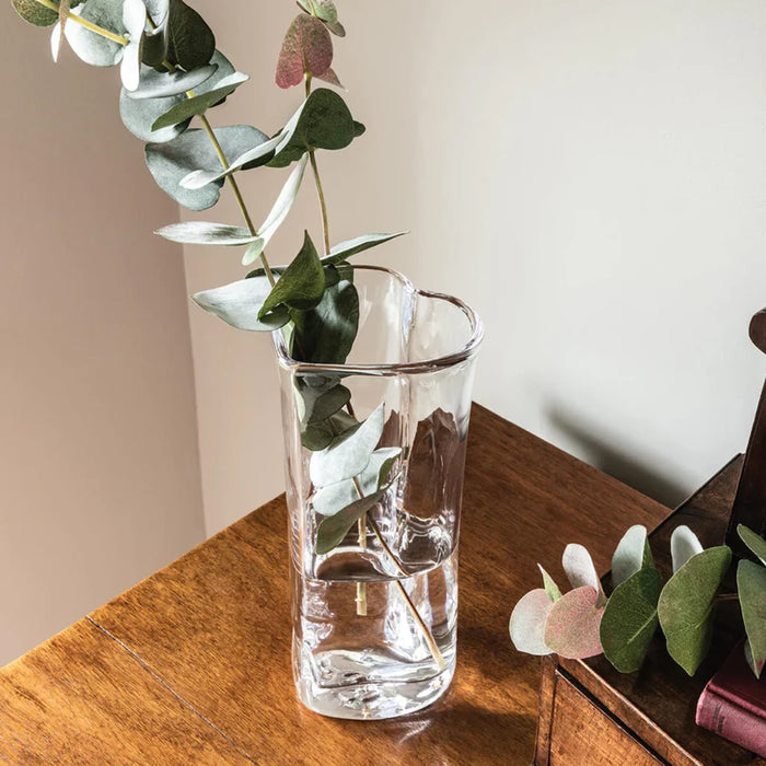 A transparent vase containing water and a lively green plant, enhancing the decor.