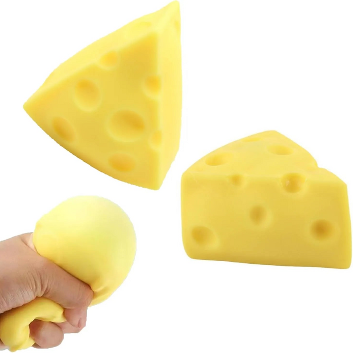 Yellow cheese-shaped stress ball with a hand squeezing one of them on a white background