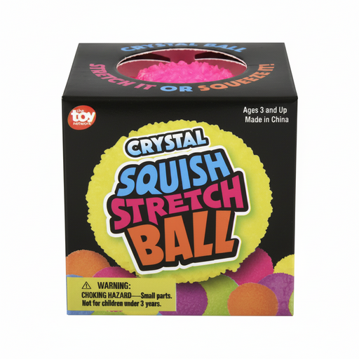 Box of a crystal squish stretch ball with colorful text and warning label.