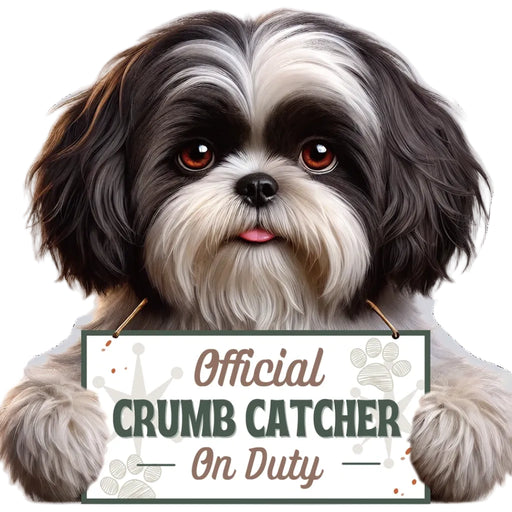 Featuring an adorable black and white Shih Tzu in a classic puppy cut, this charming clip is both decorative and practical