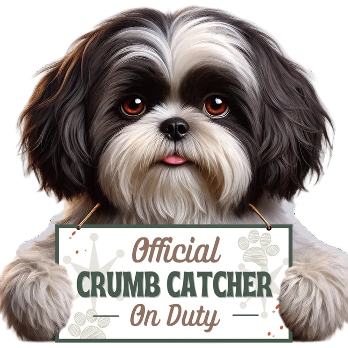 Featuring an adorable black and white Shih Tzu in a classic puppy cut, this charming clip is both decorative and practical
