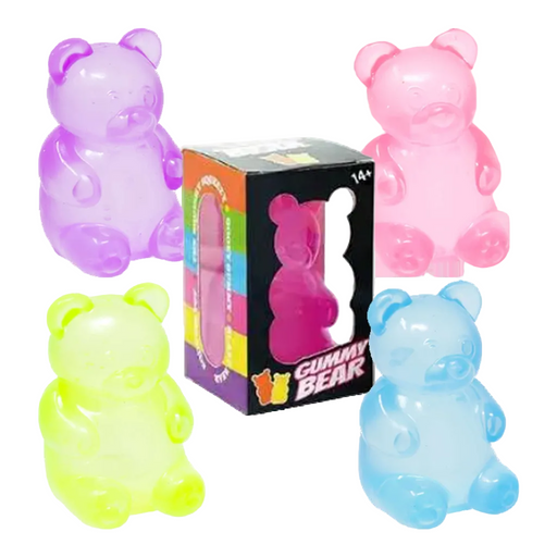 Four colorful gummy bear toys with a box in the center on a white background