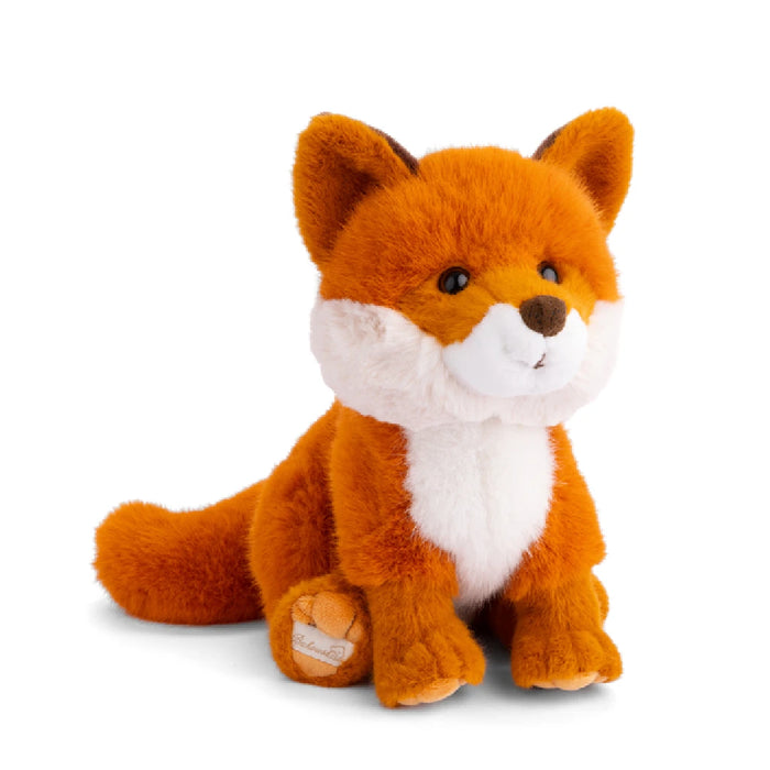 A stuffed fox with bright eyes and a bushy tail, positioned on a clean white backdrop.