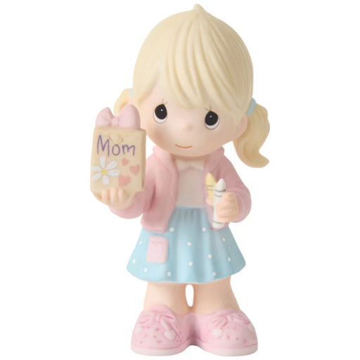 Featuring a charming young girl with pigtails, dressed in a pink jacket and polka-dot skirt, with handmade gift bag labeled Mom.