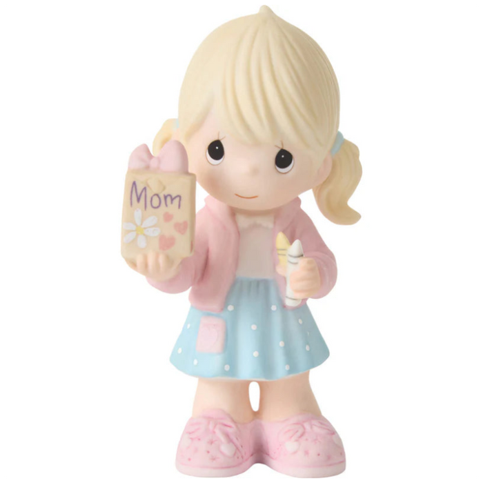 Featuring a charming young girl with pigtails, dressed in a pink jacket and polka-dot skirt, with handmade gift bag labeled Mom.