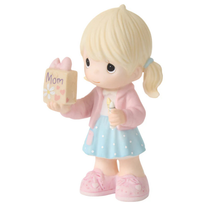 Featuring a charming young girl with pigtails, dressed in a pink jacket and polka-dot skirt, with handmade gift bag labeled Mom.