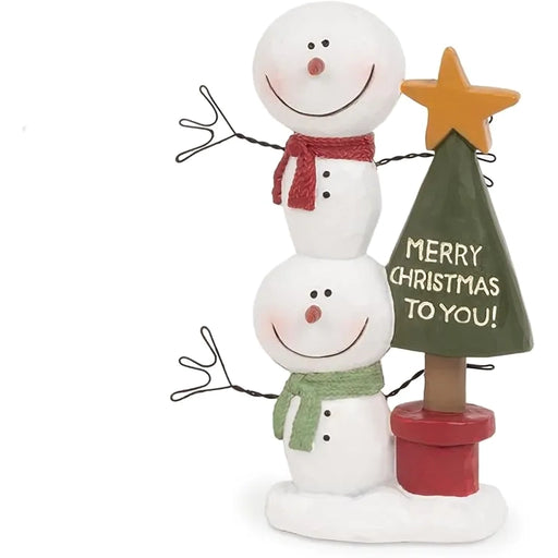 Decorative snowman figurine with a star and Christmas tree sign on a white background