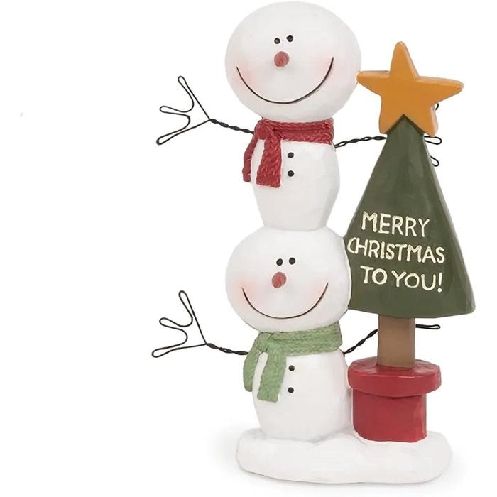 Decorative snowman figurine with a star and Christmas tree sign on a white background