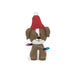 Dog-shaped figurine with a red knit hat and Christmas lights on a white background