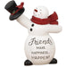 Decorative snowman figurine with a red scarf and top hat, featuring the quote 'Friends make happiness.