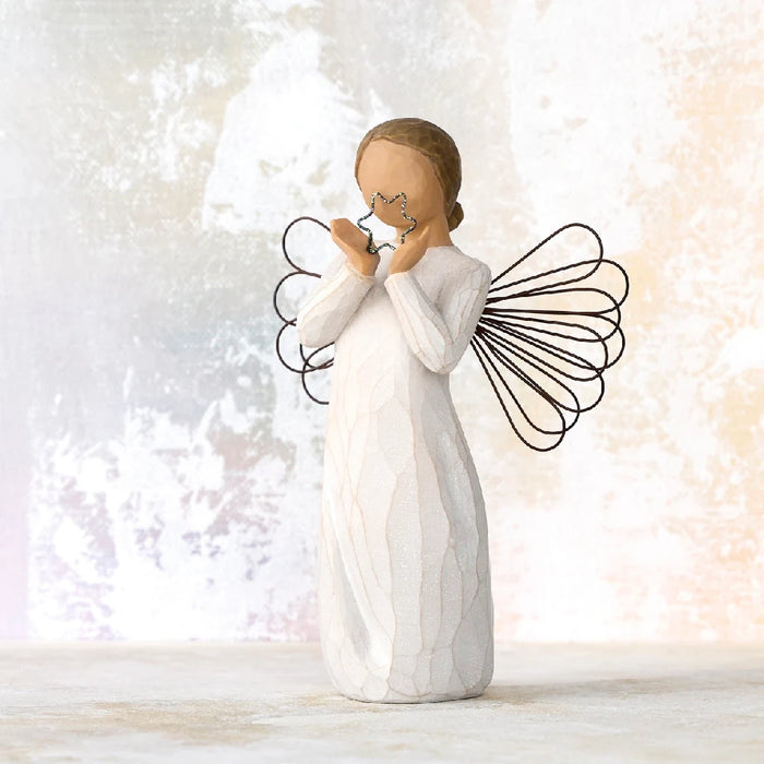 An angel crafted from willow, gently holding a heart, symbolizing affection and harmony in a tranquil scene.