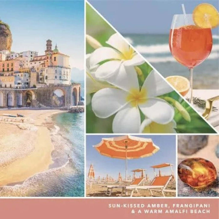 Collage of beach scenes with flowers, a cocktail, and a building.