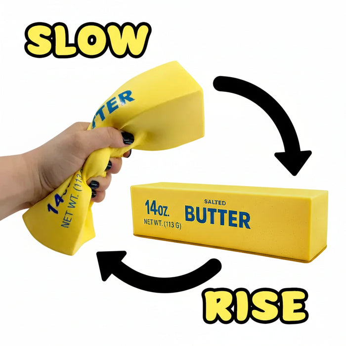 Yellow foam block labeled 'SLOW' being pressed onto a butter bar labeled 'RISE'.