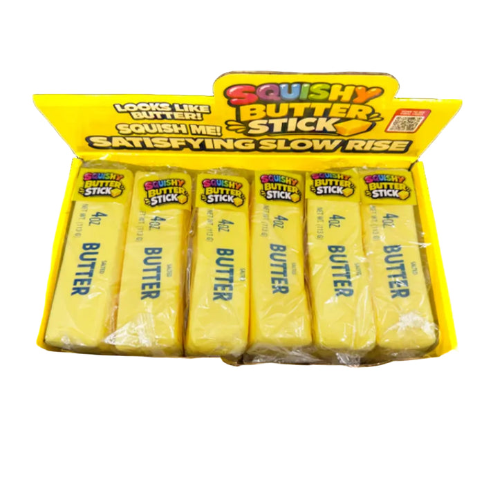 Display of 12 small butter-shaped slow-rise squishy toys made from soft foam, designed for stress relief, sensory play, party favors, and fidget fun.