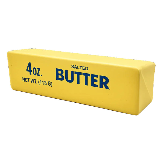 Display of 12 small butter-shaped slow-rise squishy toys made from soft foam, designed for stress relief, sensory play, party favors, and fidget fun.