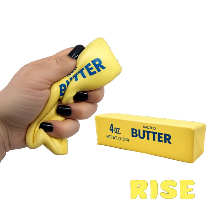 Display of 12 small butter-shaped slow-rise squishy toys made from soft foam, designed for stress relief, sensory play, party favors, and fidget fun.