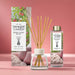 Yankee Candle Home Sweet Home reed diffuser set featuring a glass bottle with natural reed sticks, a matching reed diffuser box, and a small bottle with a gold cap, all on a pink background.