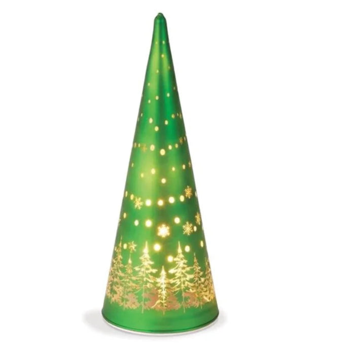 Blossom Bucket Holly Days green glass Christmas tree with lights.
