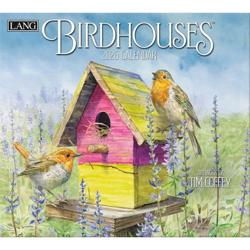 2025 calendar cover with colorful birdhouse and birds, featuring the brand 'LANG'.