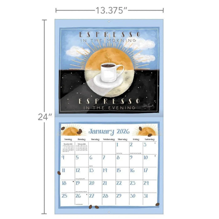 Calendar with coffee-themed design and measurements on a white background