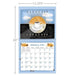 Calendar with coffee-themed design and measurements on a white background