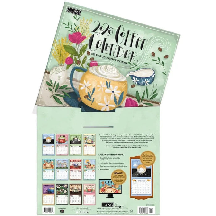 2026 Coffee Calendar packaging with illustrations of coffee cups and flowers on a light green background.