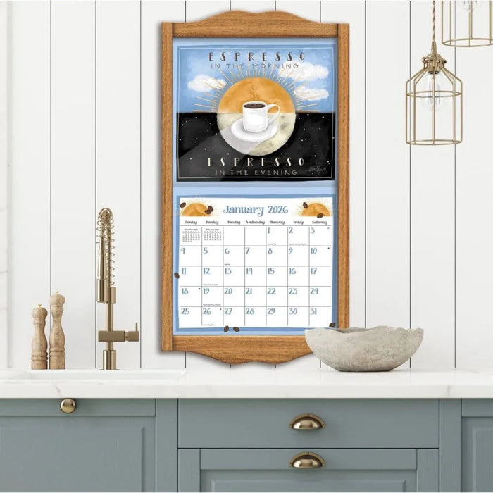 Calendar with espresso design on a kitchen wall