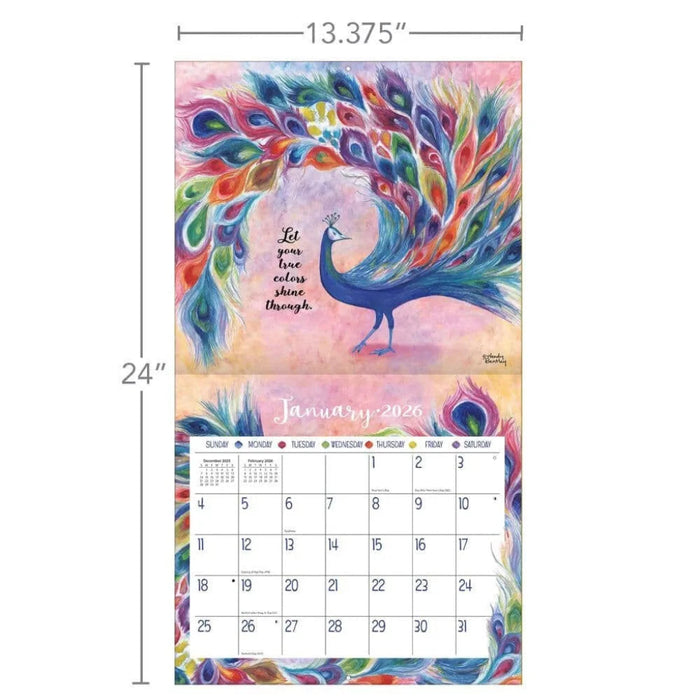 Calendar with a colorful peacock design and measurements on a white background