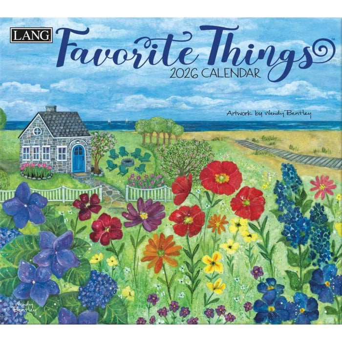2026 calendar cover with a garden scene and colorful flowers, featuring the brand 'LANG'.