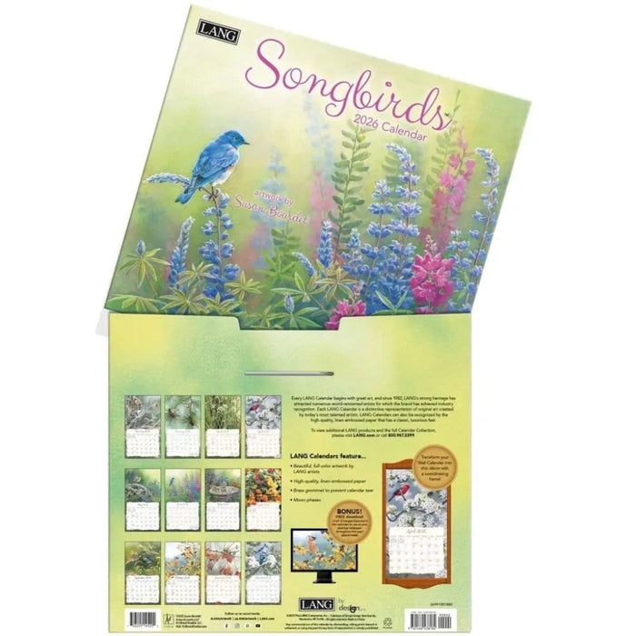 2026 Songbirds calendar by LANG with a blue bird and flowers on a white background