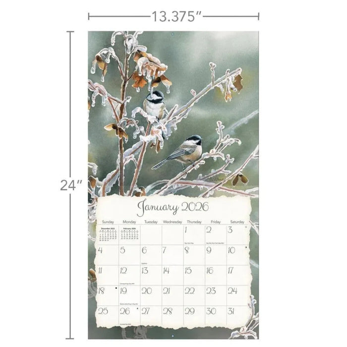 Calendar with winter scene of birds on a branch, dimensions displayed