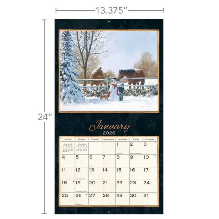 Calendar with a winter scene of horses and a snowman, showing dimensions and January 2026 layout.